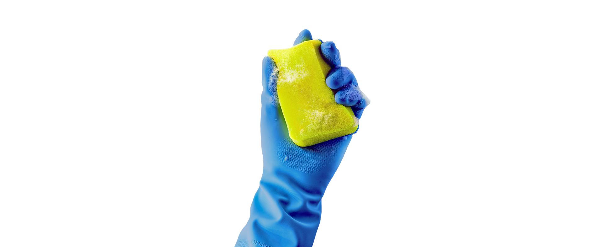 A bright blue rubber glove holding a yellow sponge — MK Sparkle's emblem