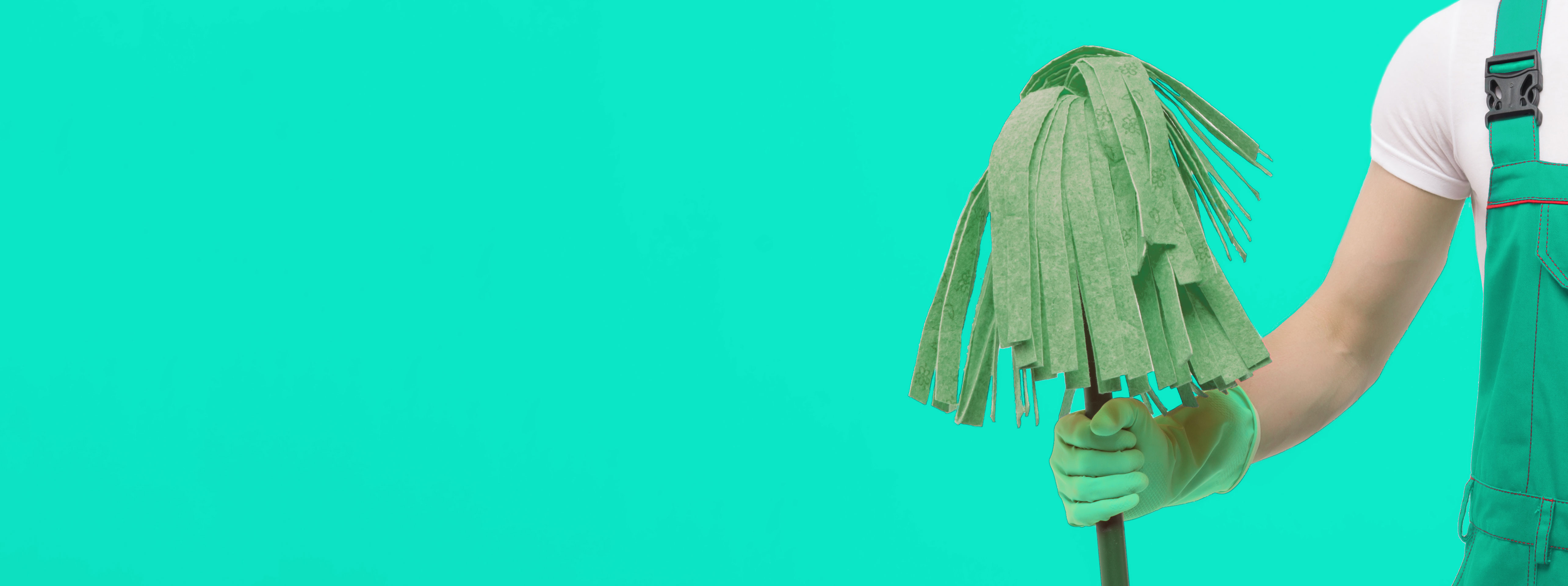 Cleaner with mop on mint background